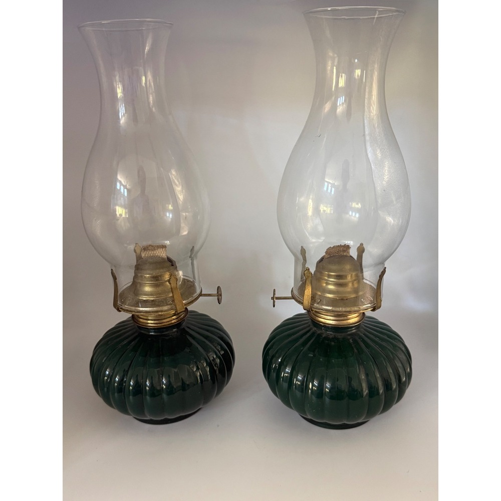 Vintage Lamplight Farms Emerald Green Glass Oil Lamps Pair Eagle Burner USA